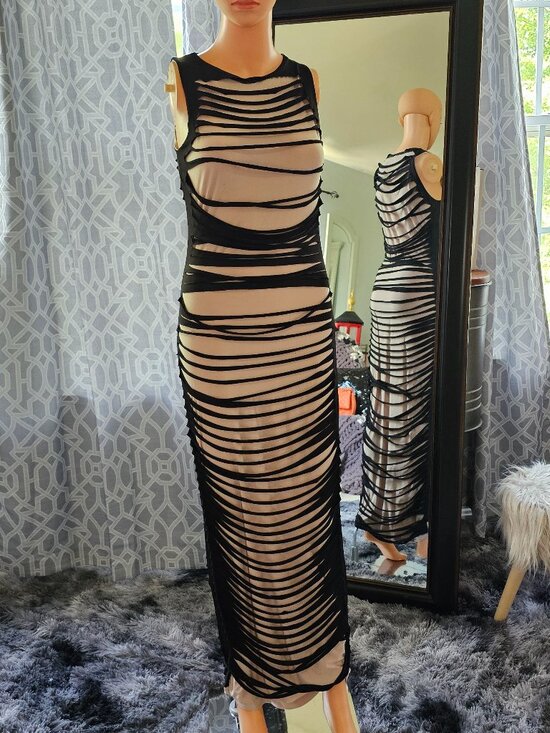 LastPoint Life Dresses & Skirts - LAST POINT LİFE Nude‑Lined Black Shredded Illusion Maxi Dress – Size M